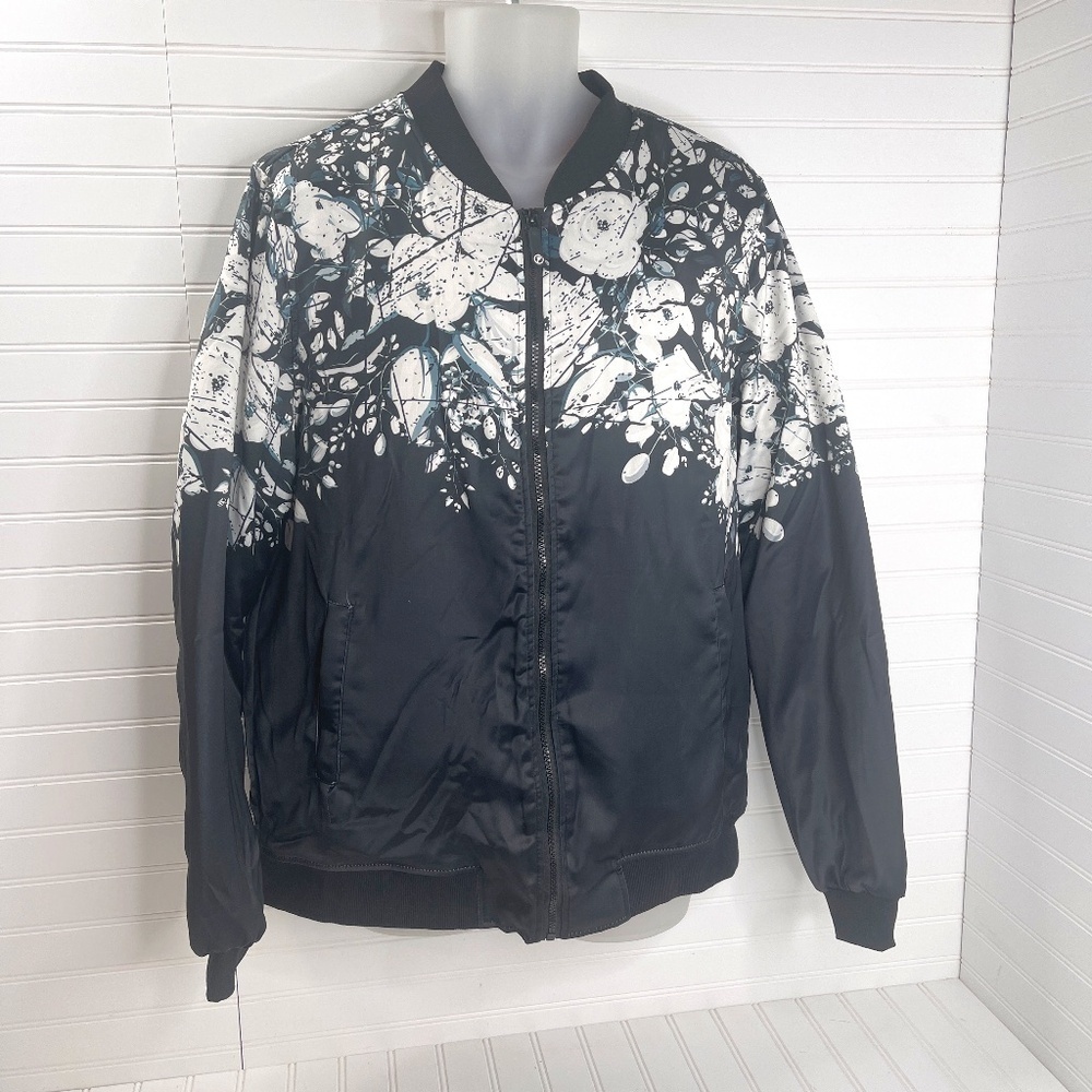 NWT FreshHoods Dark Floral White Rose Blossom Bomber Jacket Large